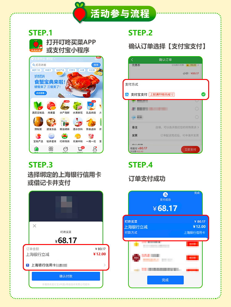 上海银行卡叮咚买菜满80最高减12！上海银行信用卡借记卡！