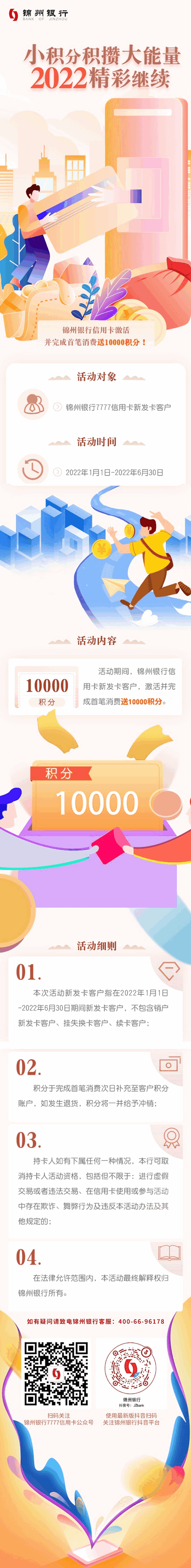 锦州银行信用卡激活并完成首笔消费送1万积分活动