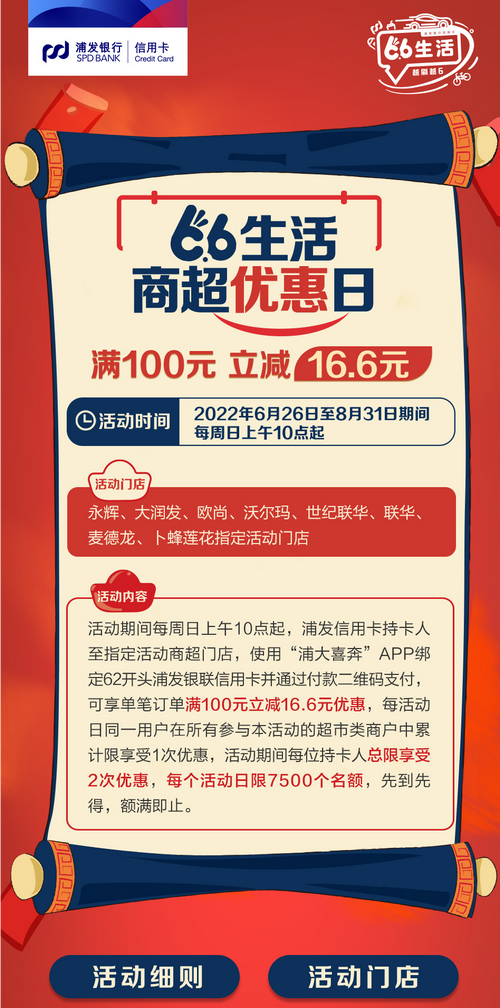 浦发卡永辉超市四川66生活商超优惠日，满100元立减16.6元！