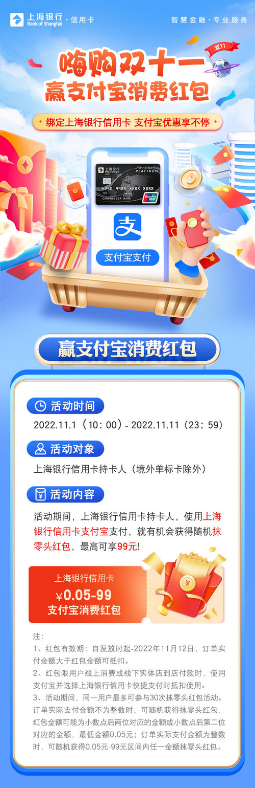 上海银行信用卡【移动支付】双11狂欢，赢支付宝消费红包！