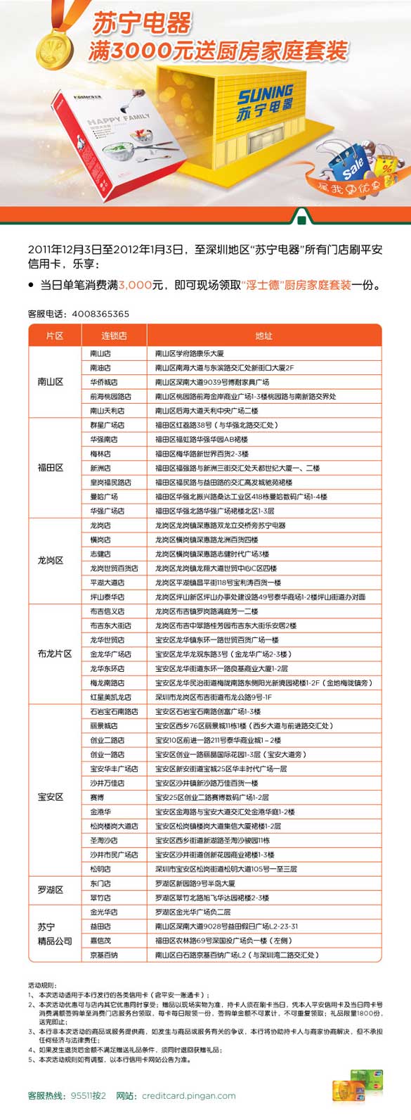 [深圳]平安信用卡苏宁电器 满3000元送厨房家庭套装 ,卡宝宝网