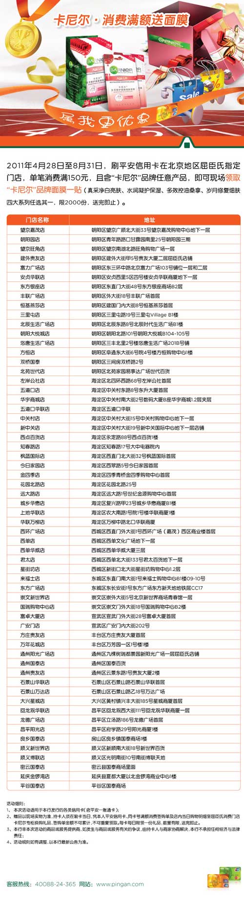 平安银行信用卡北京，屈臣氏消费满额送卡尼尔面膜，卡宝宝网