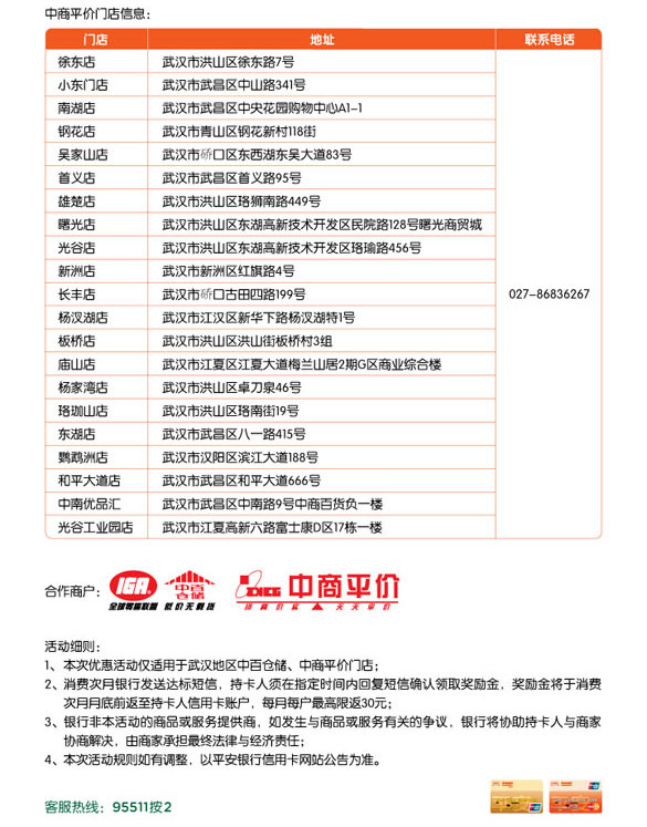 [武汉]逛中百仓储中商平价 平安信用卡满199元返10元,卡宝宝网